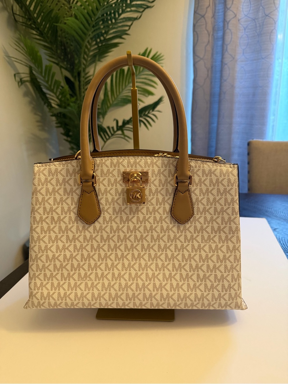 Michael Kors Beige MK Logo Satchel with Tan Handles